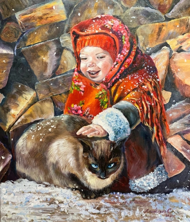 Painting for sale online - A girl in a red headscarf and a cat.