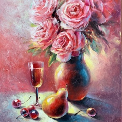 Painting for sale online - Red Still Life with roses and a glass