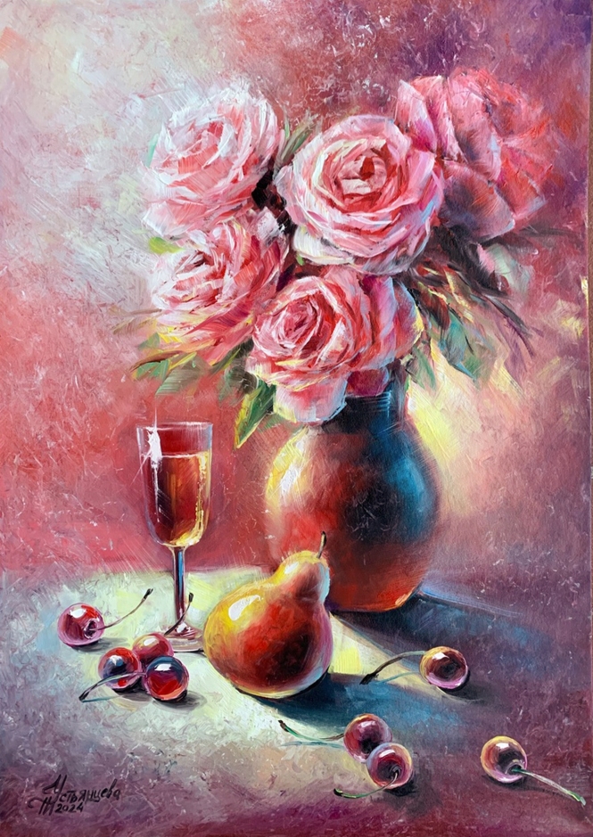 Painting for sale online - Red Still Life with roses and a glass