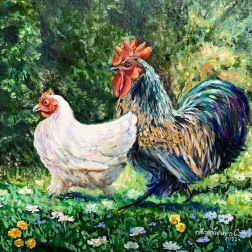 Painting for sale online - A cheerful family - a rooster and a hen.
