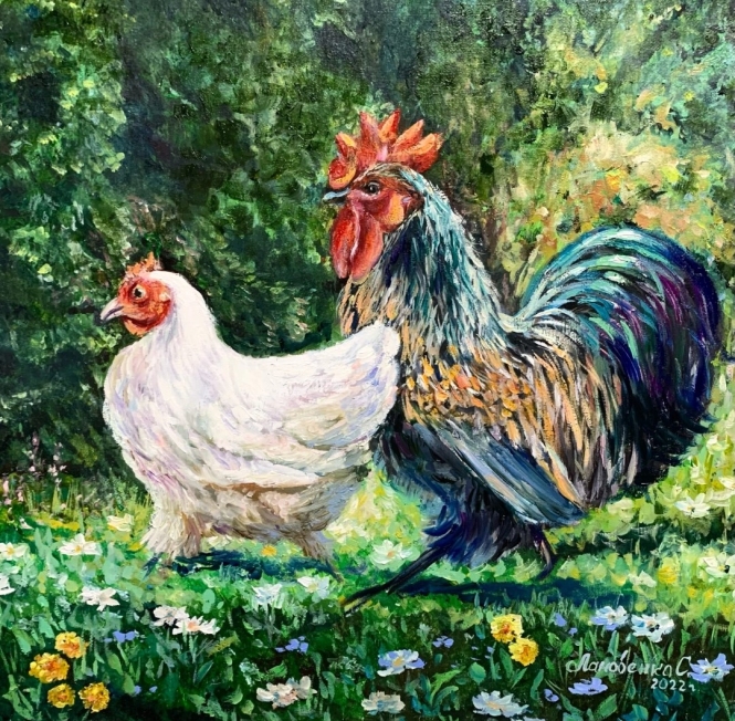 Painting for sale online - A cheerful family - a rooster and a hen.