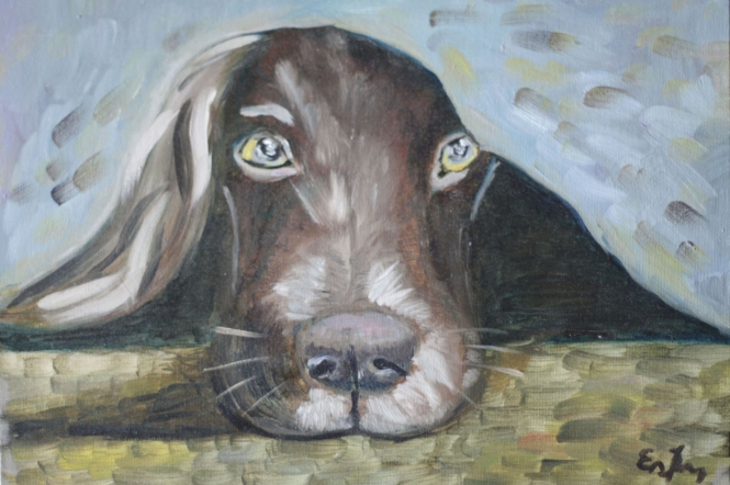 Painting for sale online - Sad dog under bed cover