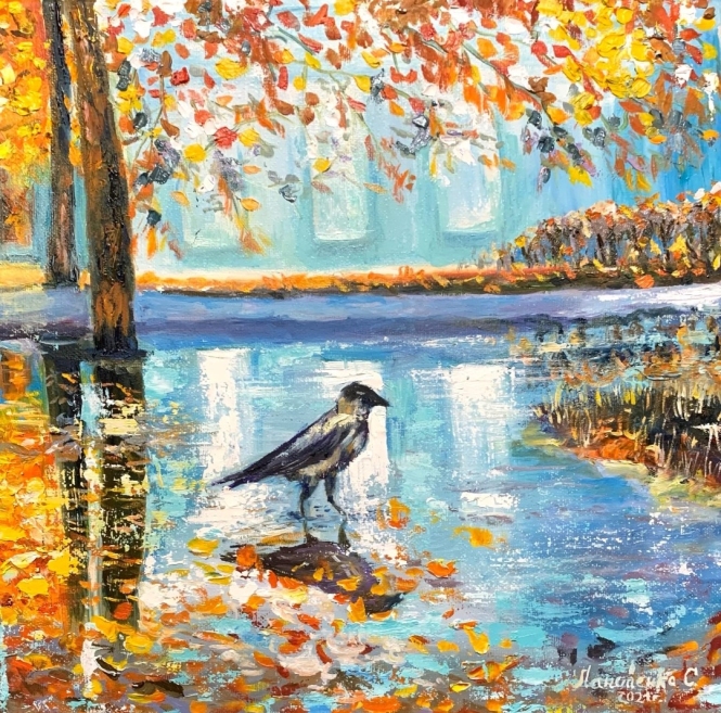 Painting for sale online - Golden autumn. Crow.