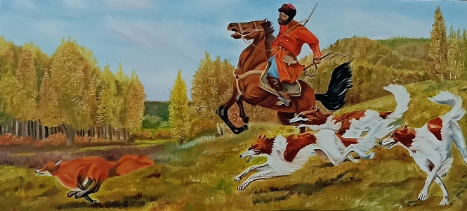 Painting for sale online - Hunting with a Russian Greyhound