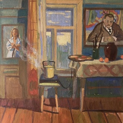 Painting for sale online - Self portrait in a workshop in the village