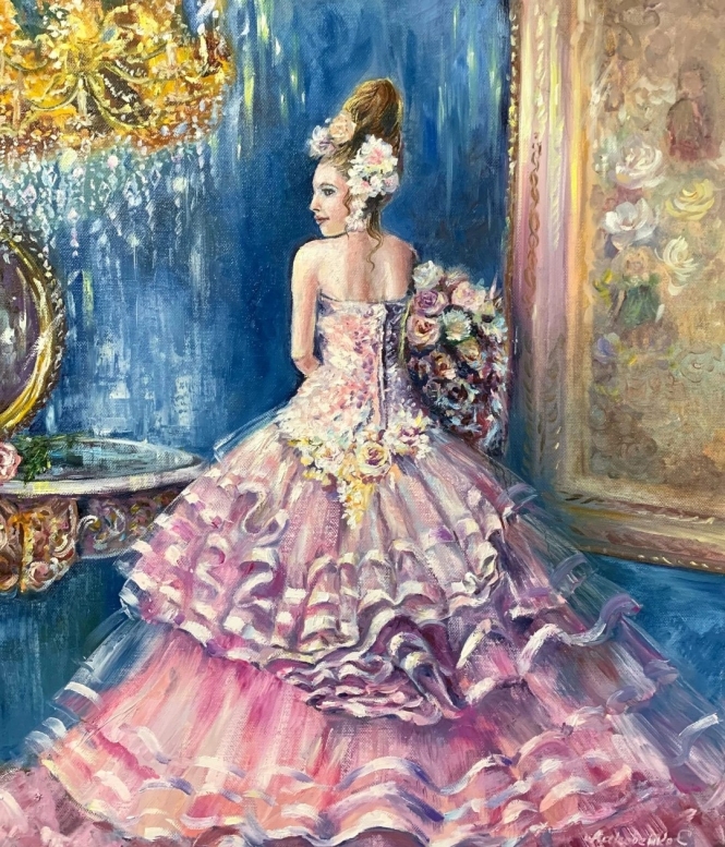 Painting for sale online - Madame in a chic pink dress.