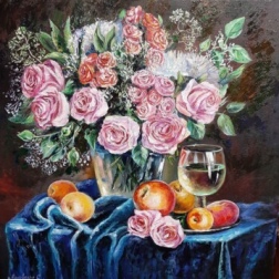 Painting for sale online - Gorgeous roses on blue velvet.