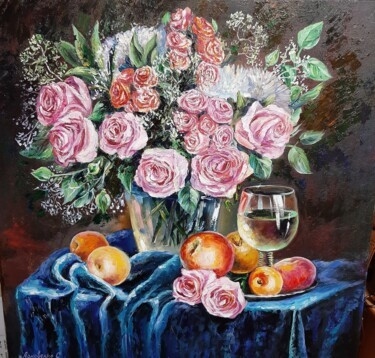 Painting for sale online - Gorgeous roses on blue velvet.