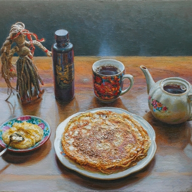 Painting for sale online - Pancakes with honey and tea