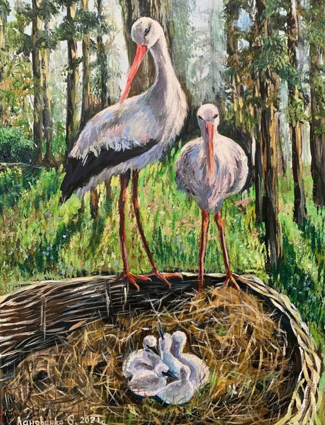 Painting for sale online - Storks in the nest. Birds of happiness.
