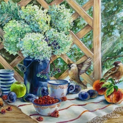 Painting for sale online - Sparrows in the summer garden.