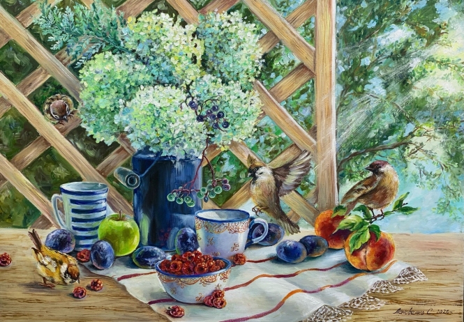 Painting for sale online - Sparrows in the summer garden.
