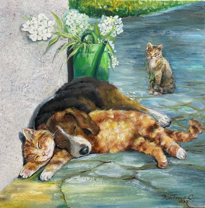 Painting for sale online - Dog and cat in the spring sun.