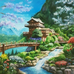 Painting for sale online - Under the light of flowering trees