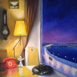 Painting for sale online - A cat's evening sleep on a window overlooking the Neva. 