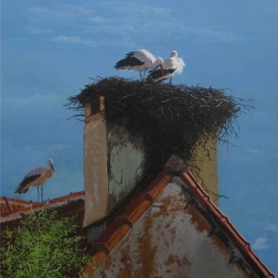 Painting for sale online - Storks on the roof