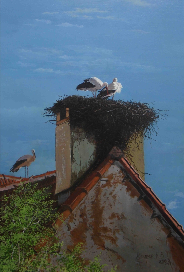 Painting for sale online - Storks on the roof