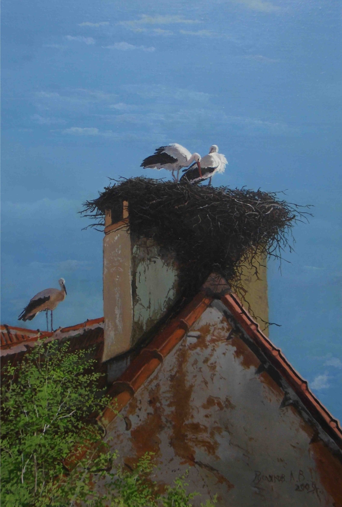 Painting for sale online - Storks on the roof