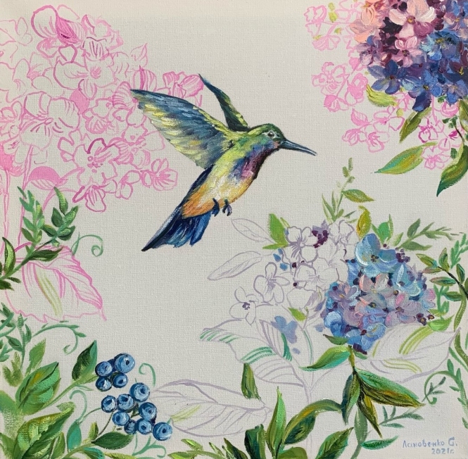 Painting for sale online - Hummingbird, Dragonfly.