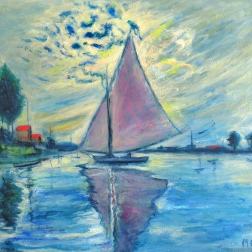 Painting for sale online - Landscape with a sail and sun (copy of Monet's painting)