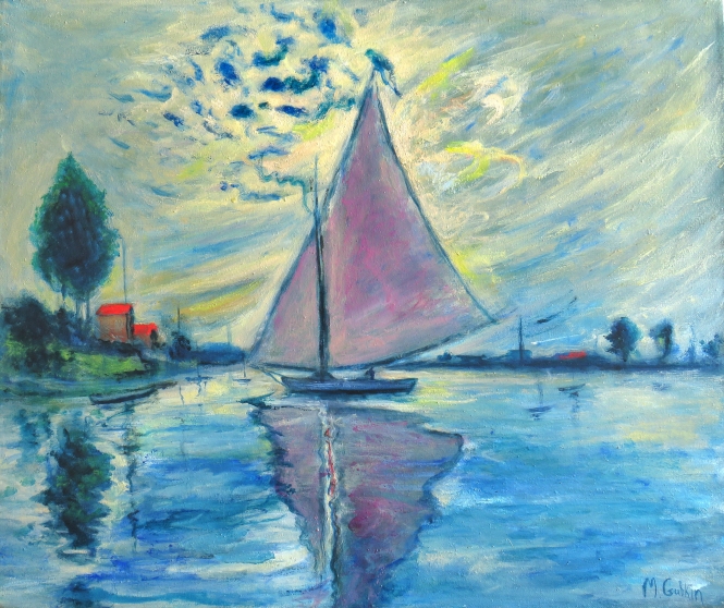 Painting for sale online - Landscape with a sail and sun (copy of Monet's painting)