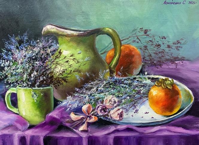 Painting for sale online - Green jug and persimmon.