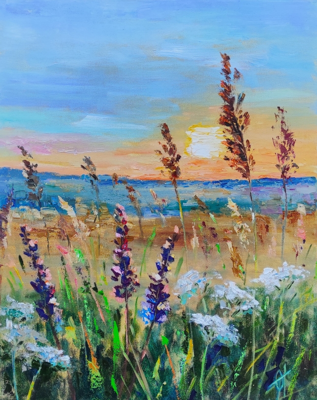 Painting for sale online - Wildflowers on sunset