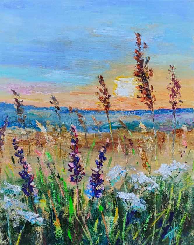 Painting for sale online - Wildflowers on sunset