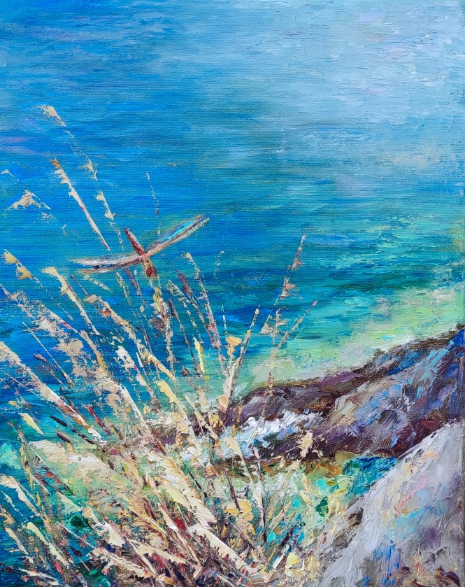 Painting for sale online - Dragonfly original oil painting seascape artwork