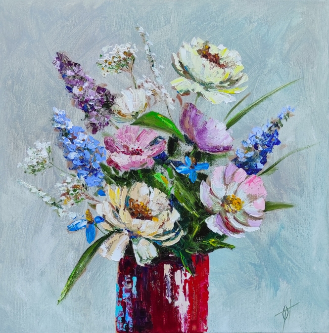 Painting for sale online - Bouquet in a red vase. Original oil artwork on canvas