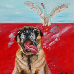Painting for sale online - Scared pug dog running away from goose. Funny pet.