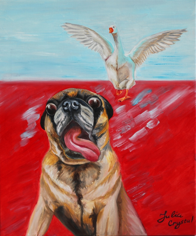 Painting for sale online - Scared pug dog running away from goose. Funny pet.