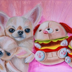 Painting for sale online - Chihuahua with their toys cheeseburger-dogs. Dog portraits