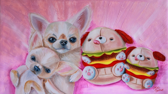 Painting for sale online - Chihuahua with their toys cheeseburger-dogs. Dog portraits
