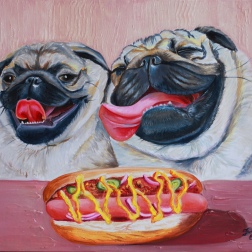 Painting for sale online - Two happy pug dogs enjoying a cheeseburger. Dog portraits.