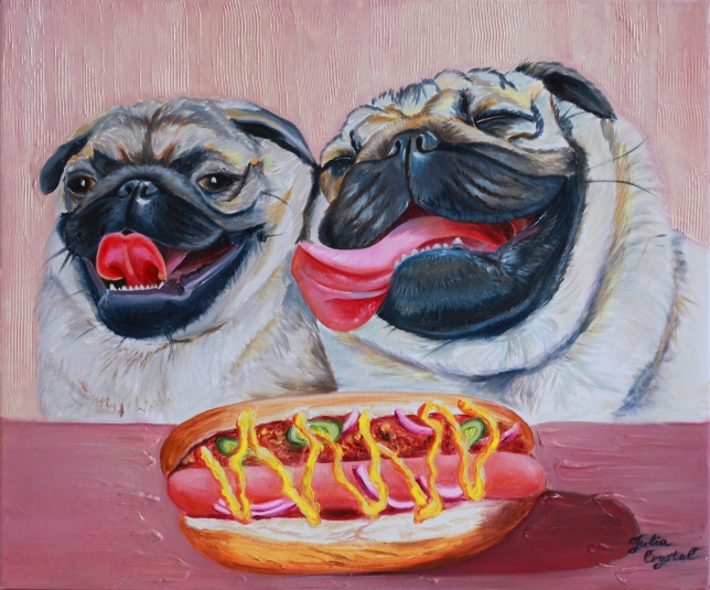 Painting for sale online - Two happy pug dogs enjoying a cheeseburger. Dog portraits.