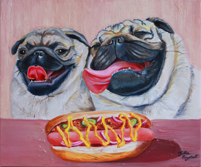 Painting for sale online - Two happy pug dogs enjoying a cheeseburger. Dog portraits.
