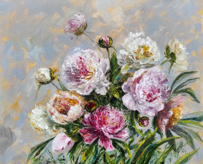 Painting for sale online - Peonies and sunbeams original oil flowers painting
