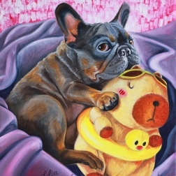 Painting for sale online - French Bulldog hugs Capybara toy. Dog portraits.