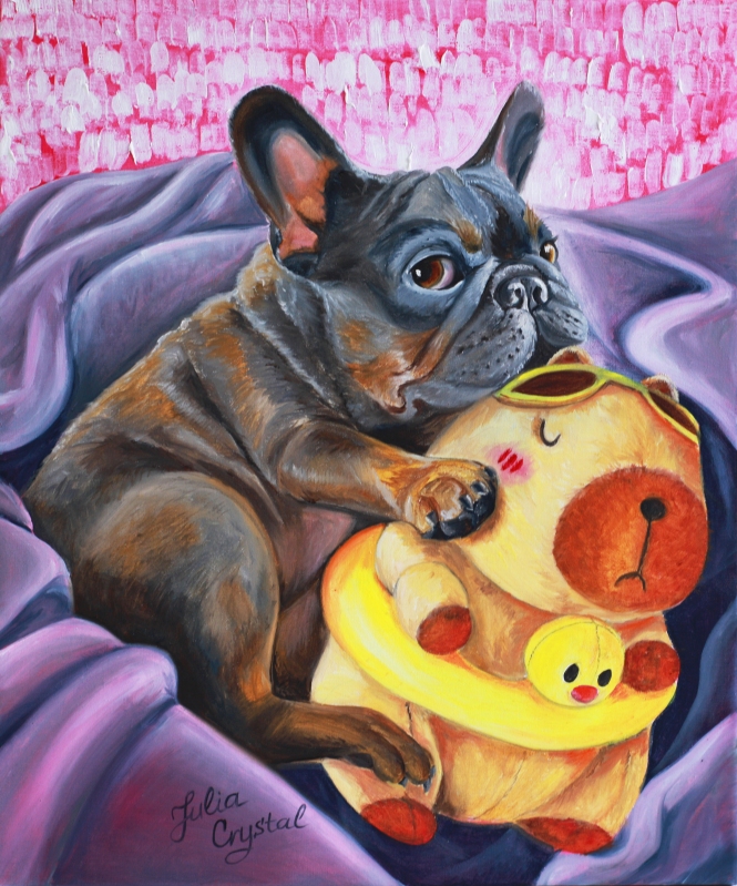 Painting for sale online - French Bulldog hugs Capybara toy. Dog portraits.
