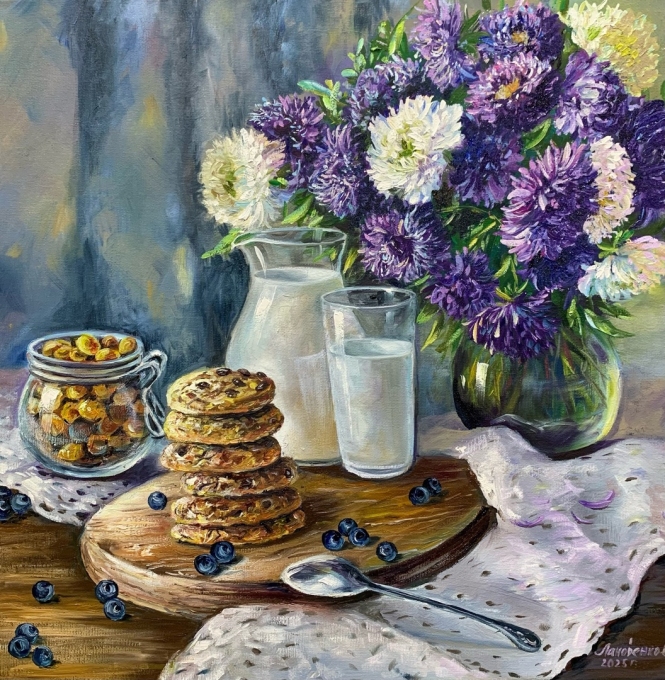Painting for sale online - Purple asters.
