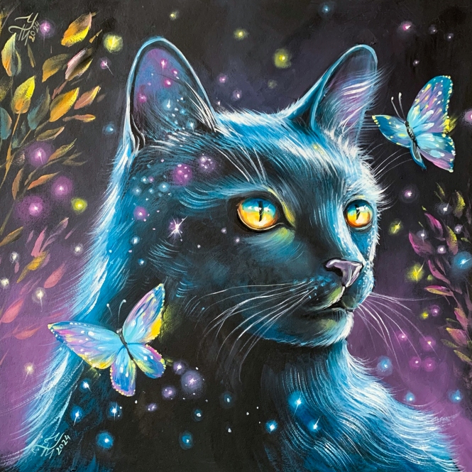 Painting for sale online - Black Cat and butterflies