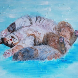 Painting for sale online - Cute fluffy white cat sleeping on a blue blanket.