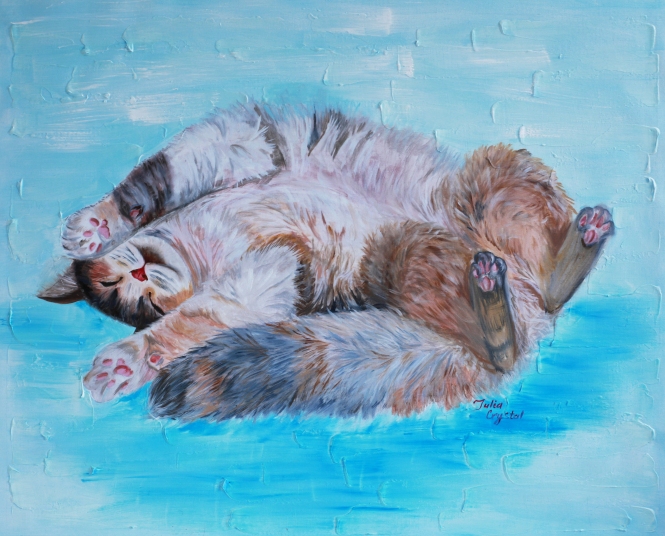 Painting for sale online - Cute fluffy white cat sleeping on a blue blanket.