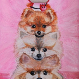 Painting for sale online - Three Pomeranian Spitz with their favorite toy. Dog portrait