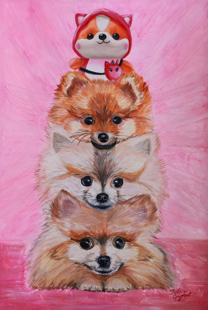 Painting for sale online - Three Pomeranian Spitz with their favorite toy. Dog portrait
