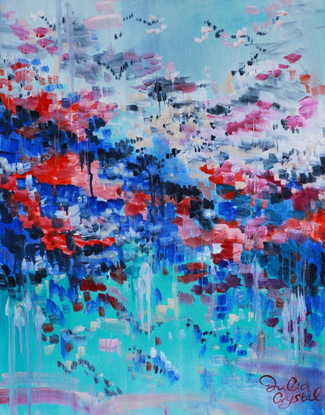 Painting for sale online - Abstract landscape of blue garden with poppies.