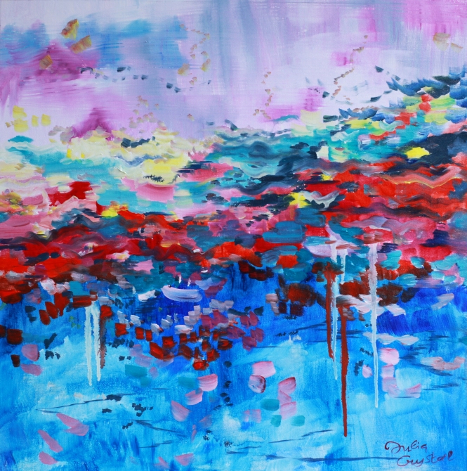 Painting for sale online - Early morning in a meadow with yellow and red flowers.