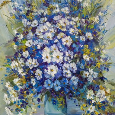 Painting for sale online - Bouquet with blue daisies