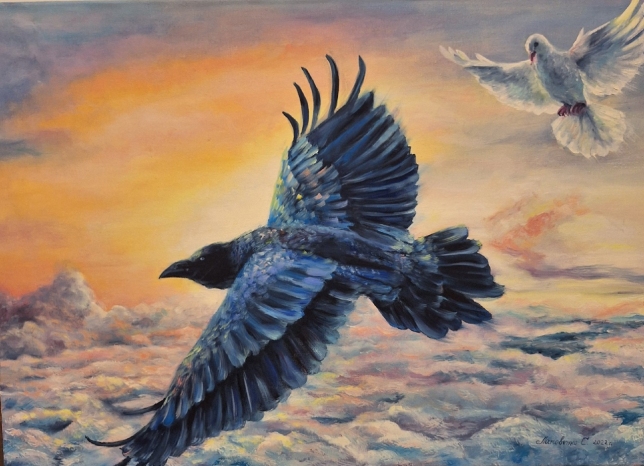 Painting for sale online - Wisdom and love. Black raven and white pigeon.